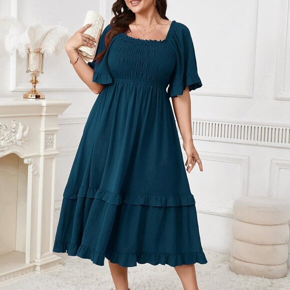 Women's Plus Size Maxi Dress Polyester Square Neck Short Sleeves Elegant - Picture 4 of 7